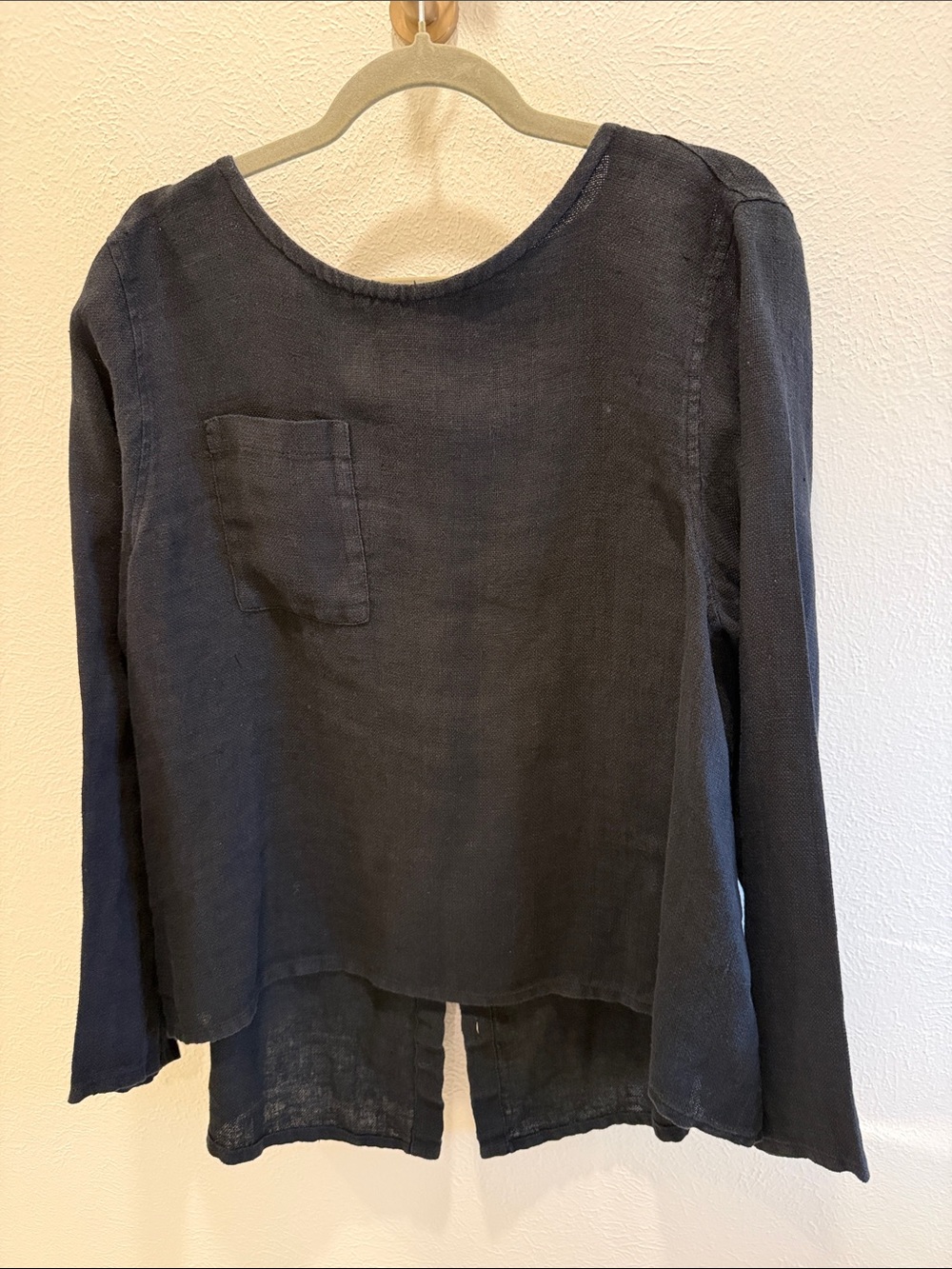 Flax Navy Linen Long-Sleeve Top with Chest Pocket